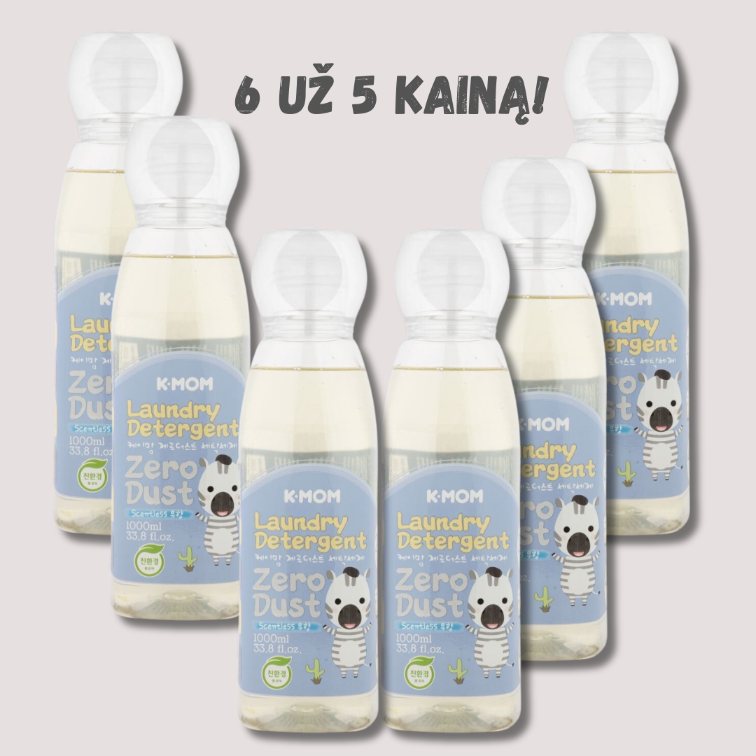 Specialus pasiūlymas! 6 už 5 kainą. K-MOM “Zero Dust” organiškas skalbinių ploviklis (bekvapis), 1 L