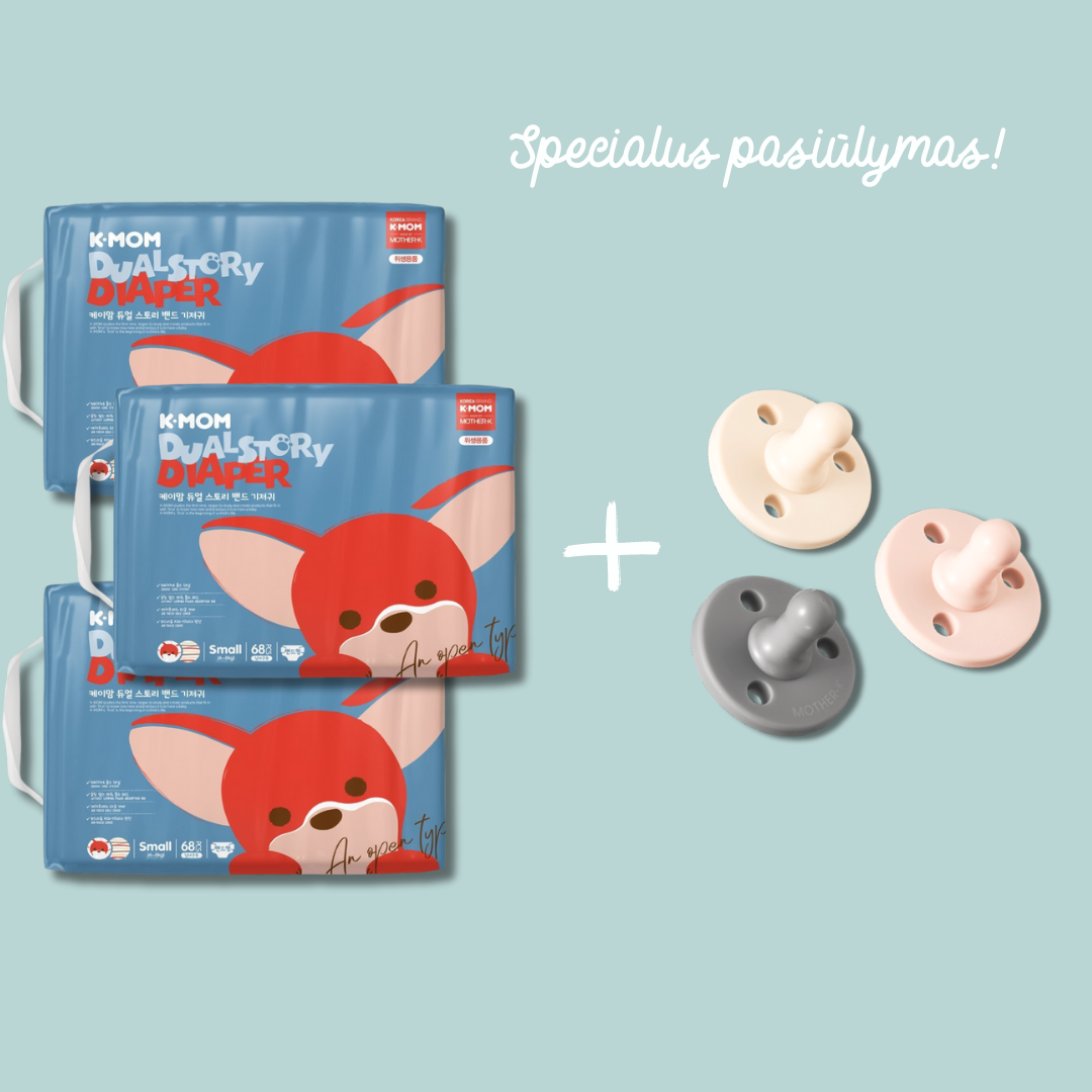 Specialus pasiūlymas! 3 vnt. K-MOM Sauskelnių S dydžio (2-5kg), 68 vnt. + DOVANA Mother-K čiulptukai