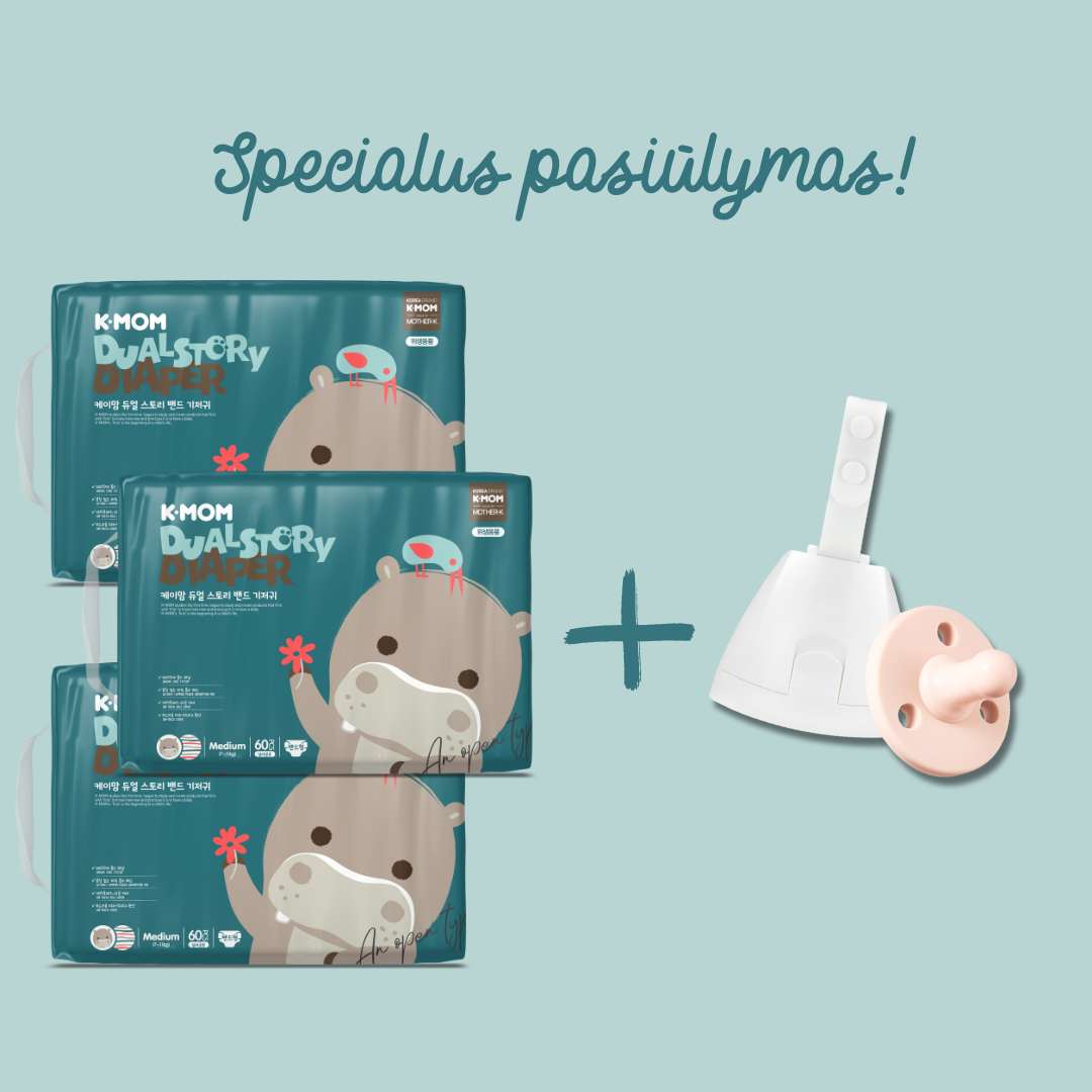 Specialus pasiūlymas! 3 vnt. K-MOM Sauskelnių M dydžio (5-8kg), 60 vnt. + DOVANA Rožinis Mother-K čiulptukas su dėklu