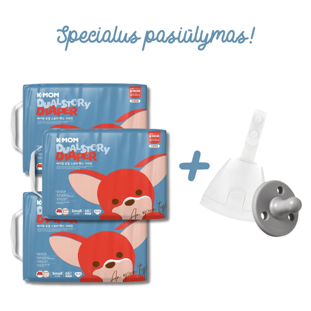 Specialus pasiūlymas! 3 vnt. K-MOM Sauskelnių S dydžio (2-5kg), 68 vnt. + DOVANA Mother-K čiulptukas su dėklu