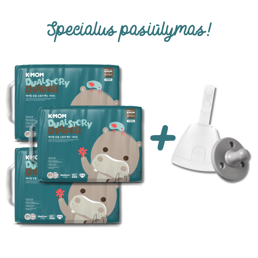 Specialus pasiūlymas! 3 vnt. K-MOM Sauskelnių M dydžio (5-8kg), 60 vnt. + DOVANA Mother-K čiulptukas su dėklu