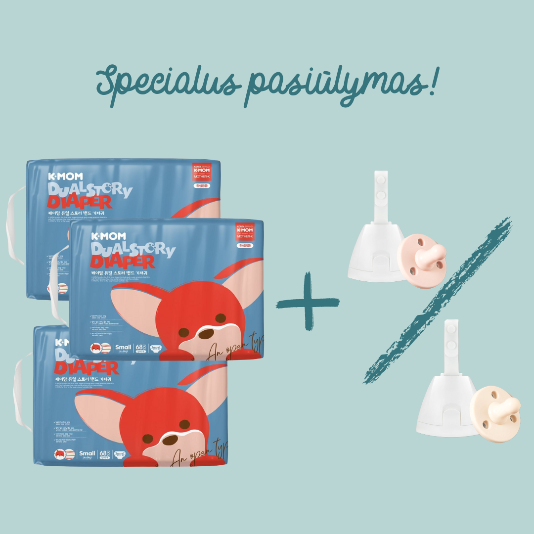 Specialus pasiūlymas! 3 vnt. K-MOM Sauskelnių S dydžio (2-5kg), 68 vnt. + DOVANA Mother-K čiulptukas su dėklu