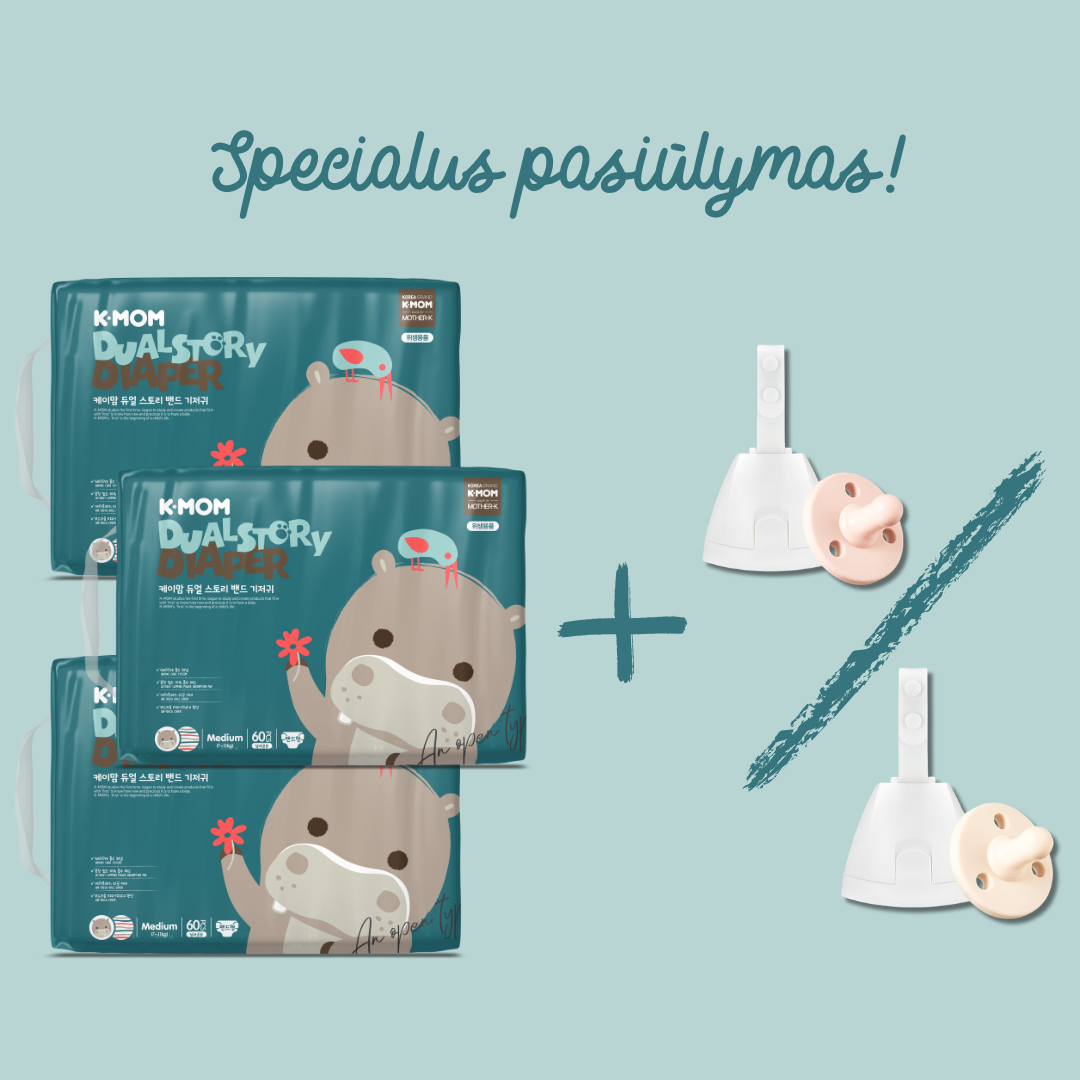Specialus pasiūlymas! 3 vnt. K-MOM Sauskelnių M dydžio (5-8kg), 60 vnt. + DOVANA Mother-K čiulptukas su dėklu
