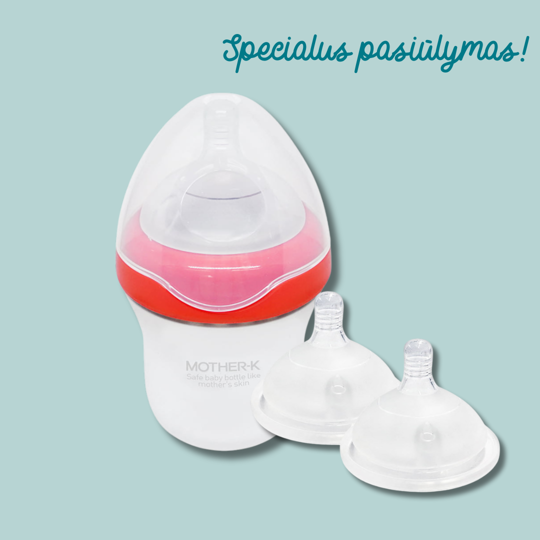 Specialus pasiūlymas! Mother-K silikoninis maitinimo buteliukas + L dydžio žindukai