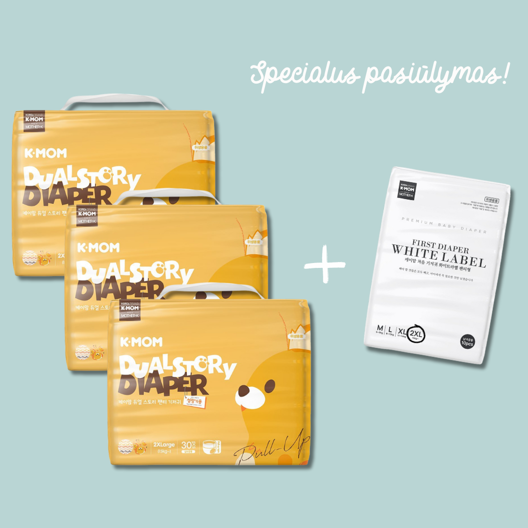 Specialus pasiūlymas! 3 vnt. K-MOM Sauskelnių-kelnaičių 2XL dydžio (nuo 15 kg), 30vnt. + DOVANA K-MOM "White Label" sauskelnės-kelnaitės