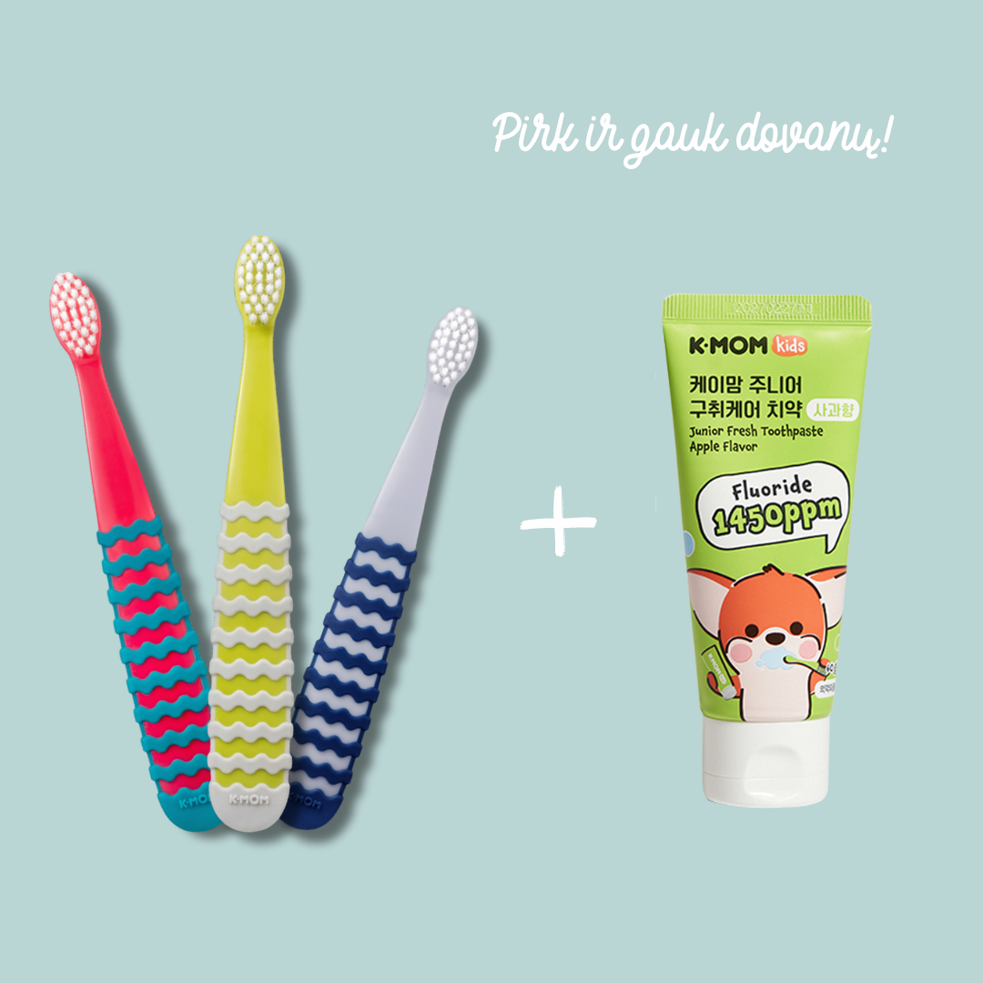 Specialus pasiūlymas! K-MOM Vaikiškų dantų šepetėlių rinkinys (9 vnt. II etapo, 5-8 m.) + DOVANA K-MOM dantų pasta su fluoru Specialus pasiūlymas! K-MOM Vaikiškų dantų šepetėlių rinkinys (9 vnt. II etapo, 5-8 m.) + DOVANA K-MOM dantų pasta su fluoru