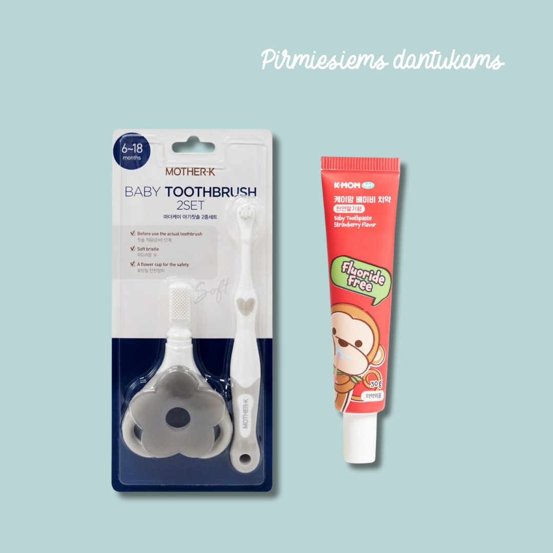 Pirmiesiems dantukams! Mother-K mažylių dantų šepetėlių rinkinys + K-MOM dantų pasta be fluoro