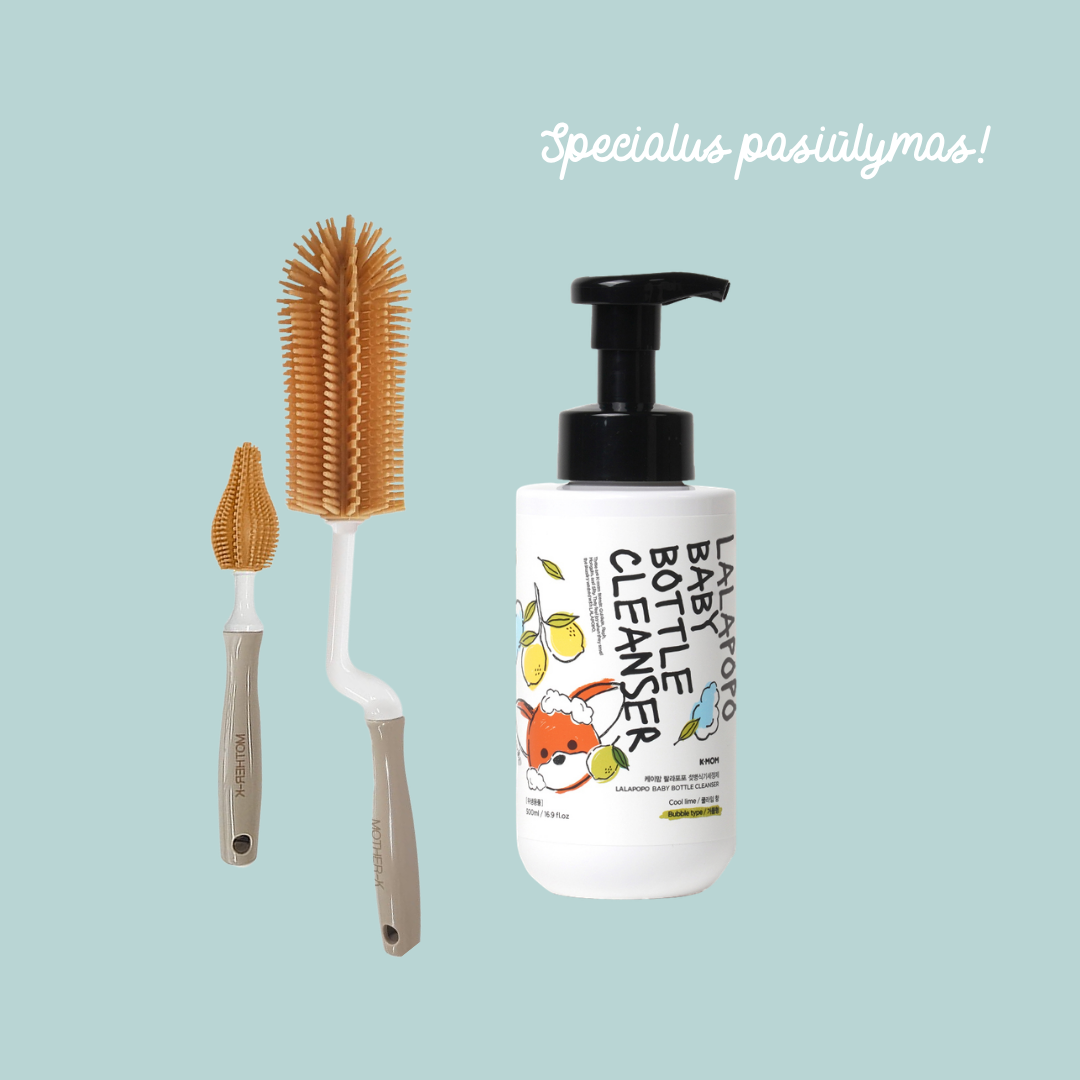 Specialus pasiūlymas! Mother-K silikoniniai buteliukų ir gertuvių plovimo šepetėliai + K-MOM Lalapopo maitinimo buteliukų, vaisių ir daržovių ploviklis (putų konsistencijos)