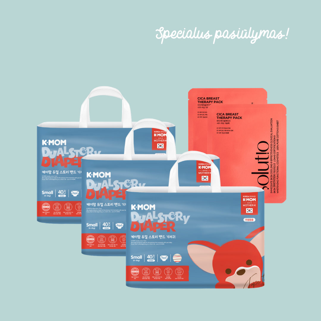 Specialus pasiūlymas! K-MOM Sauskelnės “Dual Story” S dydis 3 vnt + DOVANA Mother-K SOLUTIO vėsinančios kaukės krūtims Specialus pasiūlymas! K-MOM Sauskelnės “Dual Story” S dydis 3 vnt + DOVANA Mother-K SOLUTIO vėsinančios kaukės krūtims