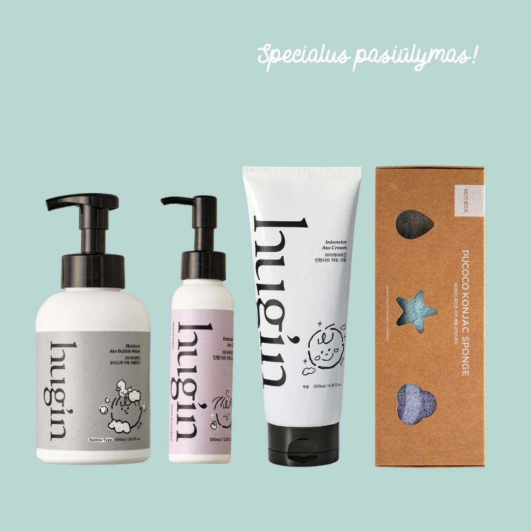 Specialus pasiūlymas! hug'in by Mother-K putų konsistencijos prausiklis, kūno sviestas ir aliejukas + DOVANA Mother-K PUCOCO kempinių rinkinys