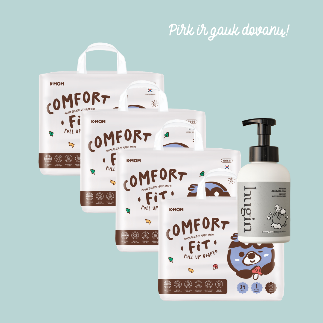 Specialus pasiūlymas! K-MOM “Comfort Fit” sauskelnės-kelnaitės + Prausiklis DOVANŲ